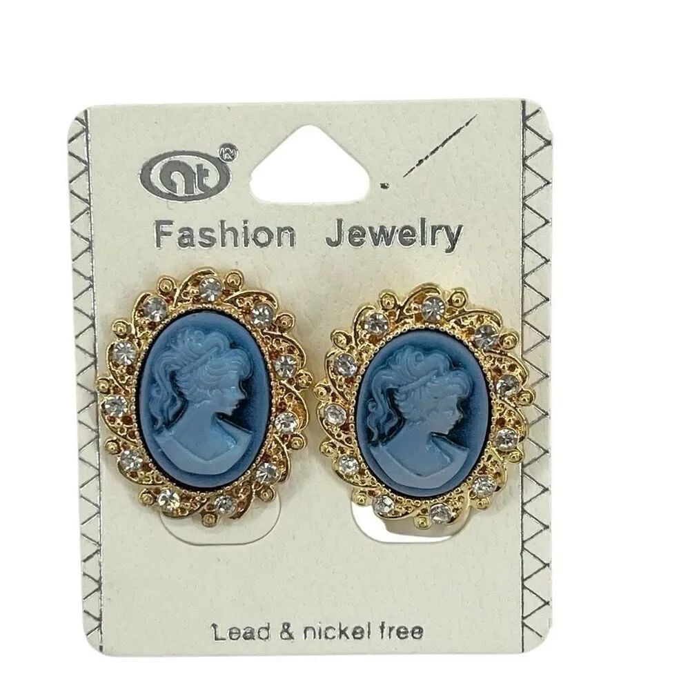 Women’s Vintage Style Oval Lady Blue Cameo Rhinestone Embellished Stud Earrings